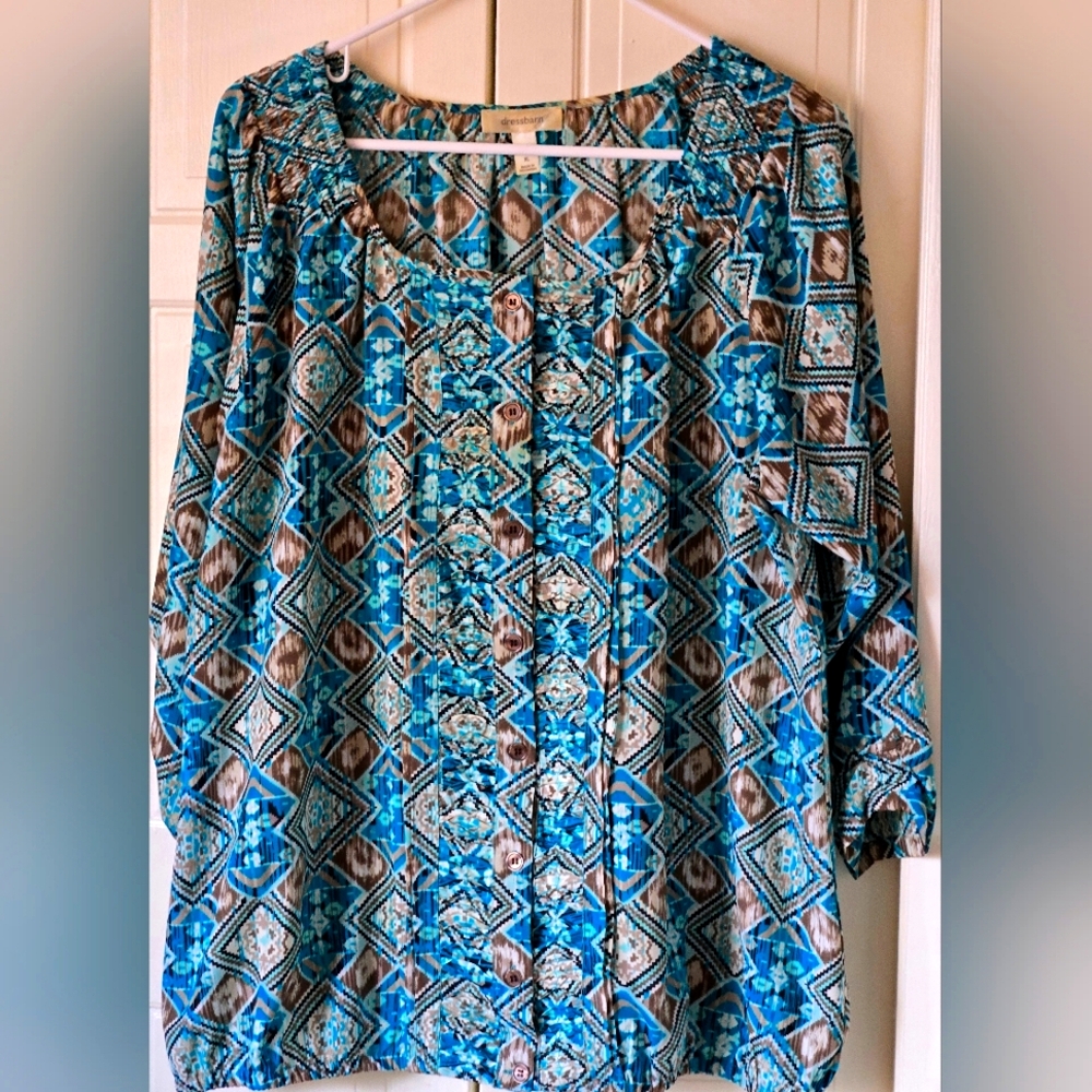 Dress Barn Print 3/4 sleeve cinched Top